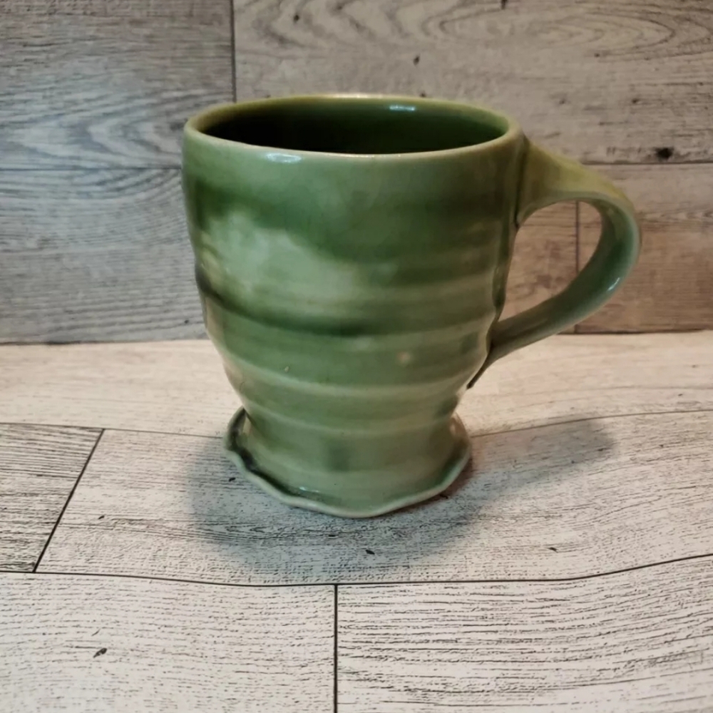 Handmade Studio Pottery Mug Small Marked Green Ruffled Swirl Rustic Primitive